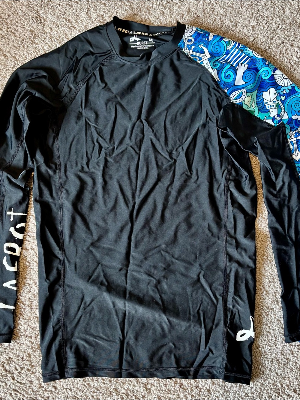 Men’s Black Long-Sleeve Swim Rash Guard with Blue Accent